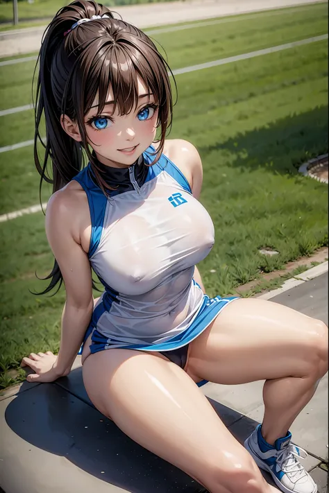 Beautiful face、Brown hair、((poneyTail、Azure eyes:1.2))、shiny and smooth hair, Smiling smile, a 18 year old girl、extremely detailed CG unified 8k wallpaper, Highly detailed, sports wear、a wet body、NSFW, (crouching down、Spread your legs wide))、