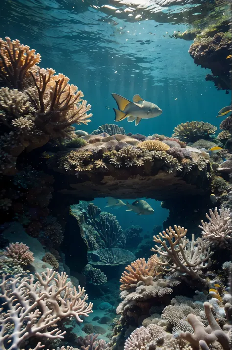 Make a postcard with a diving theme: swimming fish against the backdrop of a coral reef,different sizes and different types,lurking octopus,moray eel emerging from cover.