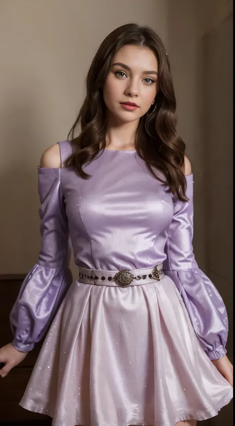 a beautiful 19s young girl, wearing purple fit and flare dress, puffed sleeve, red lips, brunette hair, very beautiful, real, frackles, blemishes, masterpiece, professional model photography, day, wears belt in her waist, embellished dress