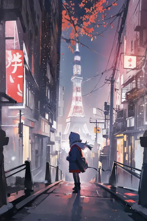 (​masterpiece、top-quality、Official art:1.2)、Look at viewers、(Little Girl))、（Winter clothes，colorless hair）（nighttime scene）（With illuminated Tokyo Tower in the background），realisitic、(2D:1.5)