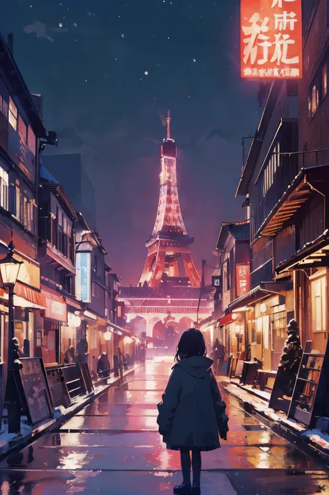 (​masterpiece、top-quality、Official art:1.2)、Look at viewers、(Little Girl))、（Winter clothes，colorless hair）（nighttime scene）（With illuminated Tokyo Tower in the background），realisitic、(2D:1.5)