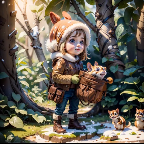 chestnut people an acorn figure and a chipmunk  a young blond woman in winter clothing looking at camera with snow falling, beau...