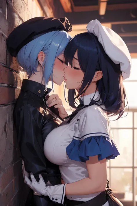 2girls 
 against wall 
 asymmetrical docking 
 beret 
 black gloves 
 blue hair 
 blue nails 
 blush 
 breast press 
 breasts 
 chef hat 
 closed eyes 
 crown 
 feathers 
 gem 
 gloves 
 gradient hair 
 grey shirt 
 hat 
 height difference
 holding hands 
...