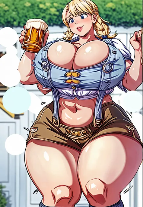 1girl, two panel breast expansion comic,  ((a very beautiful blonde bavarian girl holding a huge beer stein)), looking down at viewer, long wavy hair, ((wearing traditional lederhosen)),  bavarian colors, flowers in her braided hair, low angle, huge fat th...