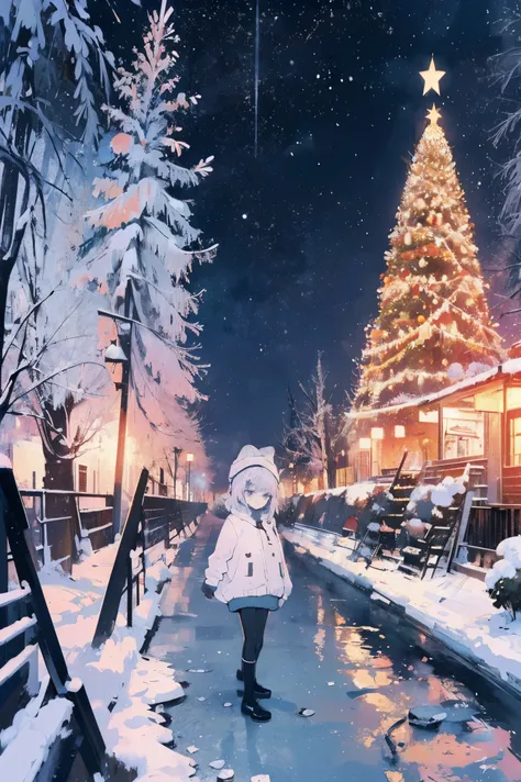 (​masterpiece、top-quality、Official art:1.2)、Look at viewers、(little kindergarten girl))、（Winter clothes，colorless hair）（nighttime scene）（With the cityscape of a flashy illuminated Christmas tree in the background），realisitic、(2D:1.5)