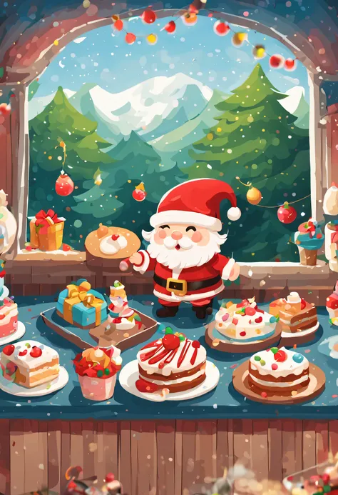 a masterpiece artWork a happy santa claus in chibi style, baking, gift shaped cake, cute and colorful style