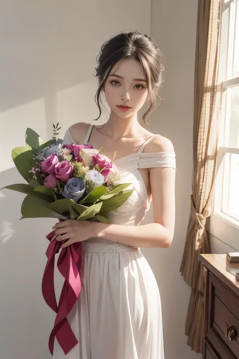 Transparent watercolor、Luxurious bouquet、Spotlight is on、background is shadow、Beautiful woman in her 50s