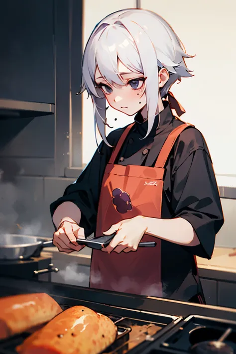 white  hair　Black eye　Purple Mesh　cooking mole　Black shirt　Downer system　ember