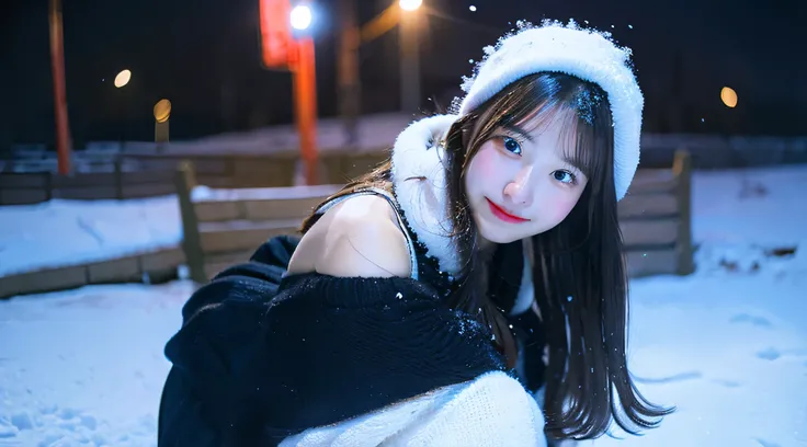 Cute high school girl, 18 years old, Wearing a black miniskirt、Snow outside