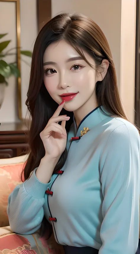 A living room,Beautiful Chinese female anchor smiling,Passionate live broadcast,She is holding a lipstick in her hand,Detailed description of its color and texture。The background is a home environment