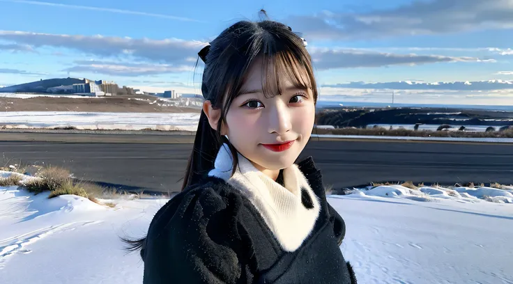 Cute waitress 18 years old wearing a black miniskirt、Snowy landscape in the background