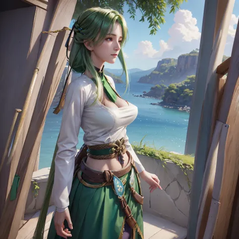 1个Giant Breast Girl, Alone, hair adornments, Green hair, dual horsetail, long whitr hair, a skirt, Eau,, medium shot portrait photo (Mount Faro) Influence from Genshin Impact,, dark fantasy background, Charming giggle., Photography by Greg Rutkowski and Wa...