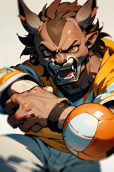 A light brown and white furry orc，Shota，orange eyeest quality at best，Holding a football in the crook of his arm，Face focus，