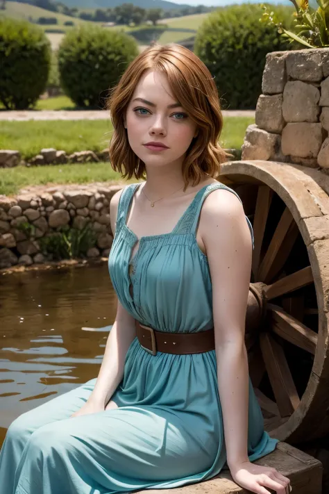 emma stone,medieval period,campos de trigo, simples atrai, sitting on a water wheel, cena de filme apaixonada e  descobrindo sua...