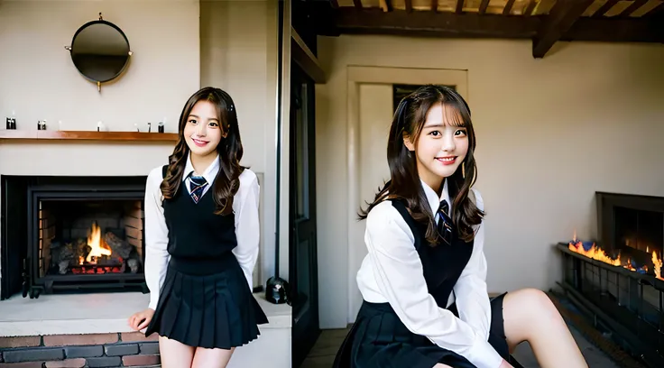 Cute high school girl, 18 years old, Wearing a black miniskirt、In the background is a fireplace with a roaring flame