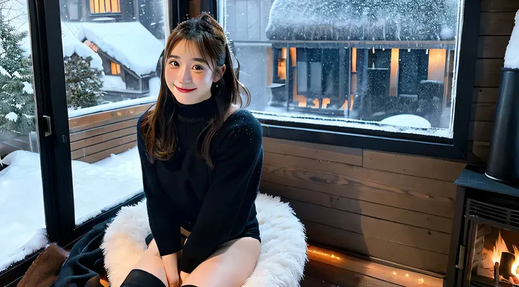 Cute College Girl, 18 years old, Wearing a black miniskirt、The background is a fireplace、Snow outside the window