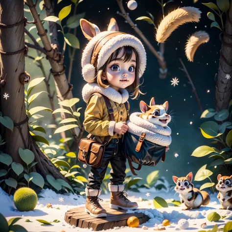 chestnut people an acorn figure and a chipmunk  a young blond woman in winter clothing looking at camera with snow falling, beau...