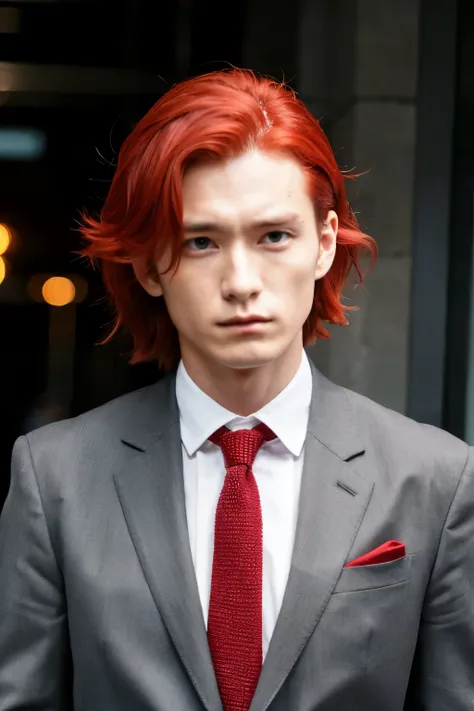 Gray shirt, black suit, red tie, red hair, man