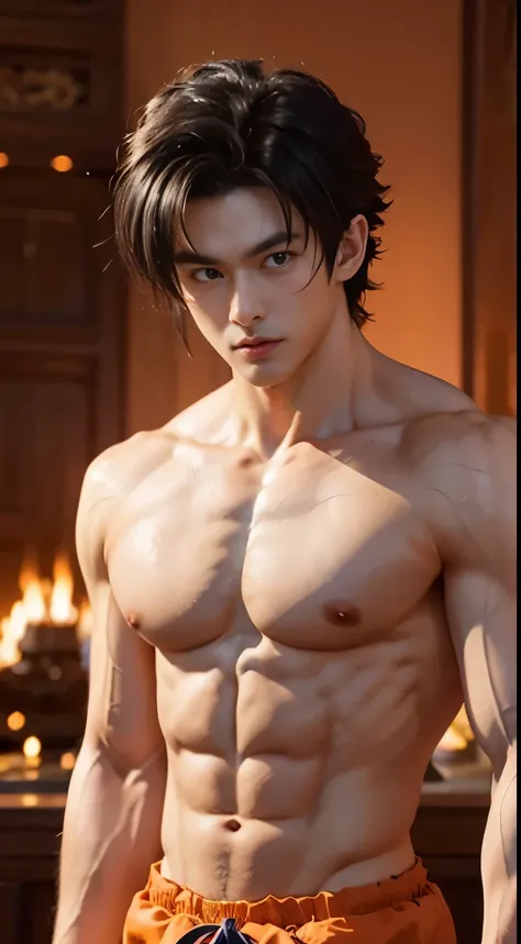 Goku dragon ball z，Naked upper body，musculature，Black hair，brown eyes, serius face，Handsome boys，