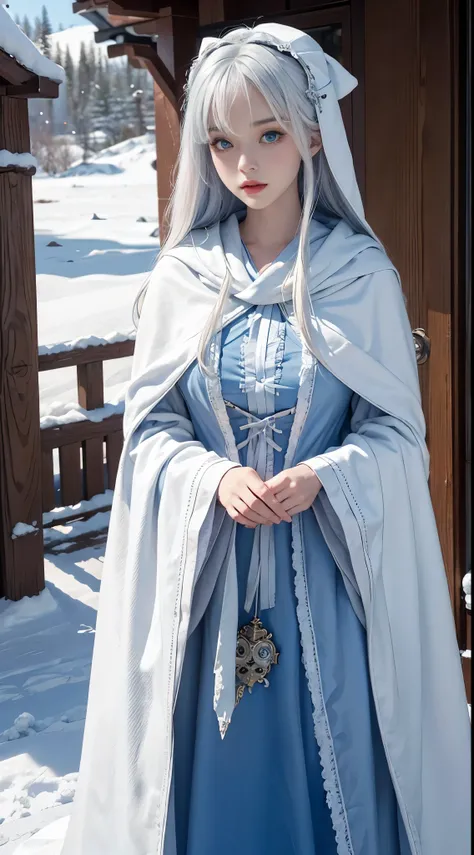 realisticlying, A high resolution, 1 Women, Alone, (Lolita costume)，Gorgeous costumes attract the audience，upper part of body，upper legeautiful blue eyes, White hair, eye socket, (external，Oyuki，Cloak，blanketed in a mantle of snow)，snow field