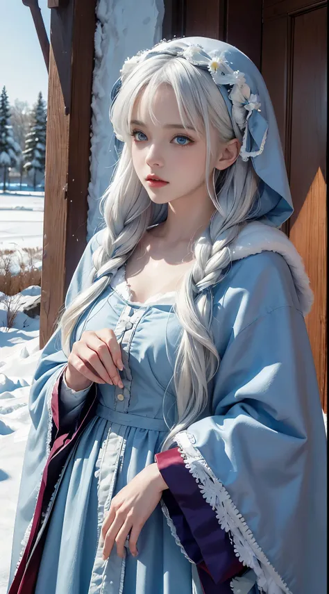 realisticlying, A high resolution, 1 Women, Alone, (Lolita costume)，Gorgeous costumes attract the audience，upper part of body，upper legeautiful blue eyes, White hair, eye socket, (external，Oyuki，Cloak，blanketed in a mantle of snow)，snow field