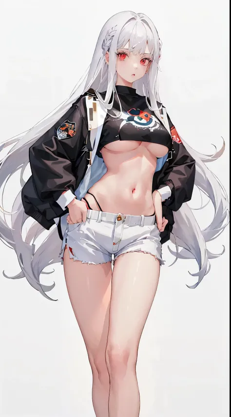 1girl, white hair, red eyes, navel, looking at viewer, hand on hip, black jacket, dolphin shorts, groin, (white shirt:1.2), braid, very long hair, wide hips, 
underboob, shirt, 
big(BodyProportions),