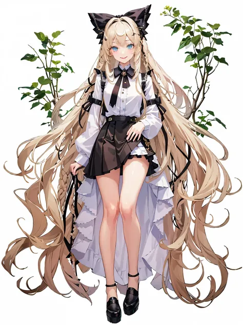 artworks, Best quality at best, girl, lon hair alternative, absurdly long hair, blonde the hair, bow the hair, Water-colored eyes, lusty  smile, Tongue stock, 黑The eye, Long eyelashes, , Mole on the chest, white  shirt, black short skirt, footwear, duratio...