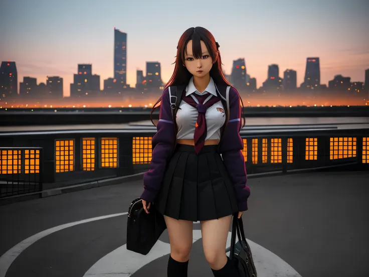 woman wearing school uniform, full body, long sleeves, city background, best quality, masutepiece, 1girl in