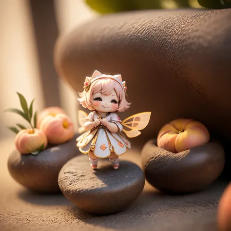 ​masterpiece、top-quality、ultra-detailliert、(Chibi Charas Daughter:1.2),peaches,peachesの姿をしたちびキャラ,fairy wings,White Bob,Full-body standing figure,Open your mouth and smile, peach fruit art of background