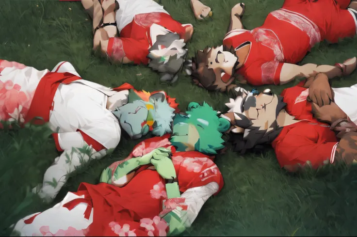 several children laying on the ground with stuffed animals in their hands, they are all laying down, laying on their back, pile of bodies, vrchat, still from a music video, dead bodies in the background, furry anime, homestuck, todays featured anime still,...
