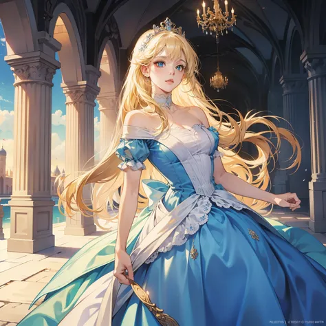 Masterpiece, high quality, best quality, HD, realistic, perfect lighting, detailed body, 1 woman, blue eyes, long hair, blonde Hair, Princess Dress, Palace background.