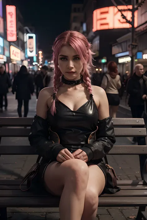 Cinematic lighting, 4K, Ultra Details, ultra-realism, Woman, harlequin, sad, Heavy eyeliner, cyberpunkcity, Woman has glowing pink hair, Woman sitting on a bench, Woman has braided hair, Person walking in the background々,