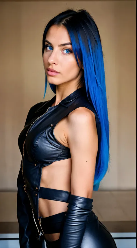 Photorealistic, Best Quality, hyper detailed ,better shadow, Full body side view, dressed in leather clothes , medium-sized bust, beautiful sexy fitness girl, 21 old years, young girl, blue eyes, symmetrical beautiful face, Blue hair, Almond eye , full lip...