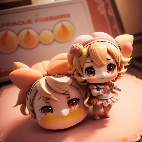 ​masterpiece、top-quality、ultra-detailliert、(chibi character peach girl:1.3),peaches,Chibi characters shaped like peach fruits,fairy wings,White Bob,Full-body standing figure,Open your mouth and smile, peach fruits art wallpaper,Vivid color scheme,best depi...