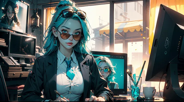 1 girl, solo, wide shot, (tmasterpiece), (Excellent), (Super detailed pictures: 1.2), Super Young Woman, The beautiful, sexy for, burst, oriental face, (((cyan sunglasses))), TV Anchor, Broken, Alone, Black suit, a blue tie, silver glasses, The face is a l...