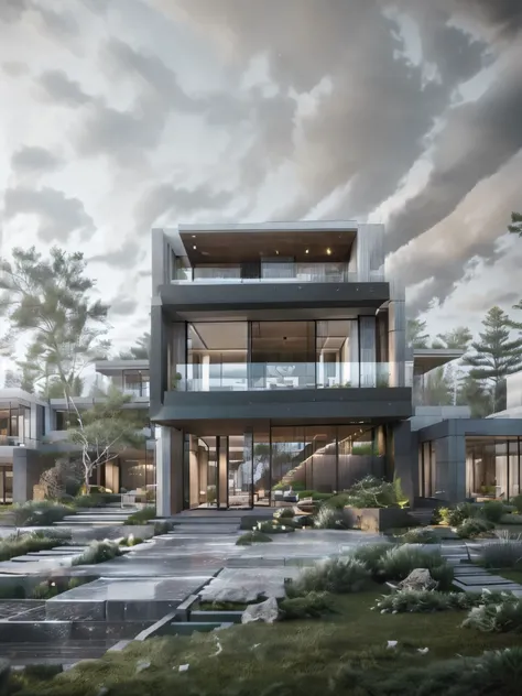 RAW photo,Masterpiece,high quality,best quality,authentic,super detail,exterior,house style modern on the garden with wall,glass windows,glass doors,stains,balcony,railing glass,inax stone wall cladding,(snow:1.2),winter weather,snow falling,snow covering ...