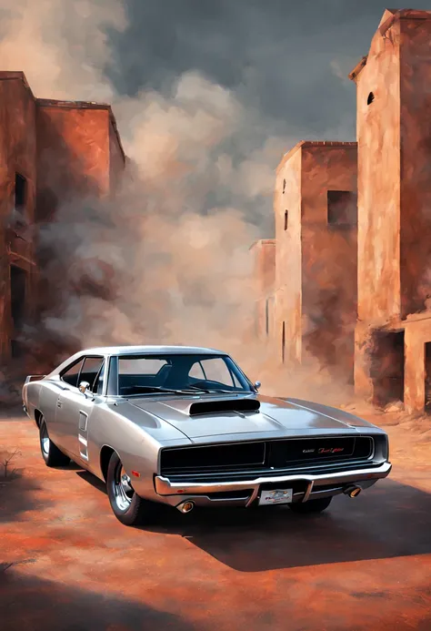 1969 DODGE CHARGER DAYTONA 3d render, oil painting, poster, silver illustration,vibrant smokey background