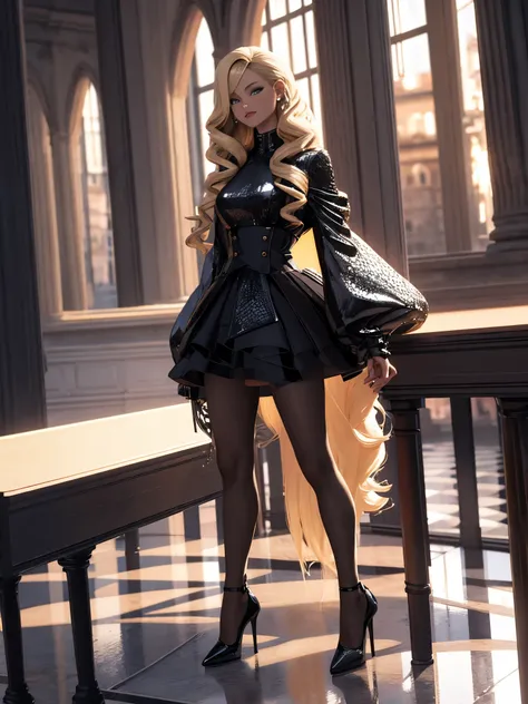 beautiful beauty, 3D 2D, Rich, blond hairbl, a skirt, stocklings, high-heels, venomize