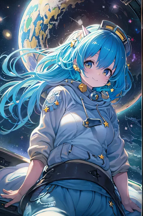 Best Quality, Detailed, 4K, Raw photo, masutepiece, Detailed face,, Stars, Planets, Galaxy, spaces,, a photo of エニセマール flying in spaces, Blue hair, Bangs, Long hair, Looking at Viewer,