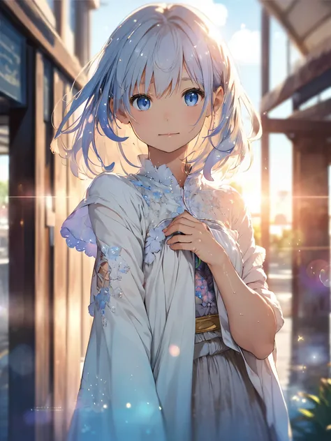 art by Cornflower, dream-like (A petite girl，Have beautiful and delicate eyes. The depth of field in the photo was perfect, and the lens flare added a nice touch, {{Side Chest:2}}}, drenched clothes