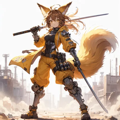 (Masterpiece, best quality), (perfect athlete body:1.2), (detailed hair), ultra-detailed, anime style, solo, full body, Furry animal girl alchemist, brown hair, yellow fur, wears cyberpunk KARATE wear, has High-tech stick weapons, raised boots, digital pai...