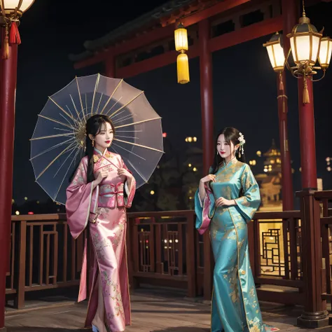 Beijing rainy night costumes，catwalks，A girl with a good figure，Wear antique clothes，China-style，luxurious silk clothes，