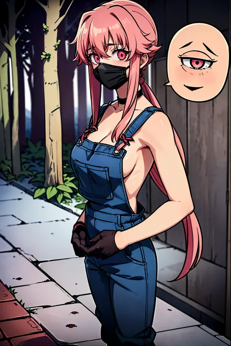 anime_still, masterpiece, best quality, 1girl, Gasai Yuno, long hair, pink hair, low twintails, smile, naked, red eyes, (large breasts:1.5),1girl, black choker, dark grey, (overalls:1.25), leather gloves, black boots, ((nigth:1.5)), (chasing you through th...