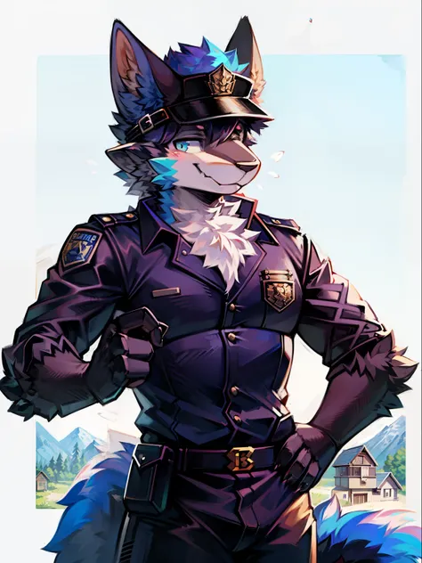 furry, bright fur, police officer, Policeman, furry police, furry sheriff, grab the police hat, bright background, Village Background