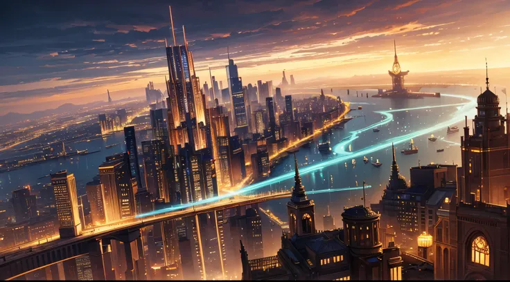 A vast digital city landscape, With loads of projections, And some steampunk elements.