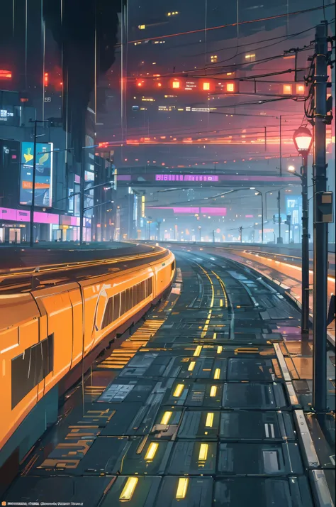 ((Masterpiece)),((Best Quality)),((High Detail)),((realisitic,)) Cities of the Future Era, Construction Street, Futuristic train routes, The cyberpunk, Buildings, natta, European Cities, Rainy, neons