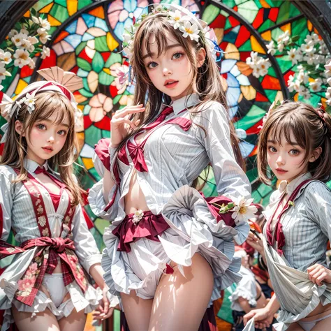 (White and red, acutance:0.8), masutepiece, Realistic, (photoRealistic:1.37) Unripe々With a gentle touch. A group of KAWAII girls wearing open uniforms without bras . (Highly detailed KAWAII facial variations, Fun expression variations), { Navel | Pretty as...