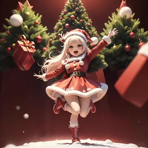 ​masterpiece、top-quality、ultra-detailliert、(Chibi character Santa girl:1.2),(Santa Cosplay:1.3),red mini long sleeve dress,White fur,Red Santa Hats,Vivid depiction,Red boots(,The background is a Christmas tree and an animated reindeer.:1.3),Full-body stand...