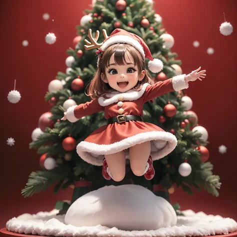 ​masterpiece、top-quality、ultra-detailliert、(Chibi character Santa girl:1.2),(Santa Cosplay:1.3),red mini long sleeve dress,White fur,Red Santa Hats,Vivid depiction,Red boots(,The background is a Christmas tree and an animated reindeer.:1.3),Full-body stand...