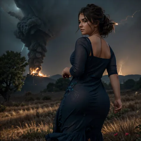 ((curvy woman running)), fleeing, ((big curvy hips)), huge tree on fire in background, lightening, stormy, big tornado, glowing, smoky, blowing long messy hair, bright eyes, (sheer navy dress with flowers), powerful, 24mm, 4k, soft cinematic light, RAW pho...